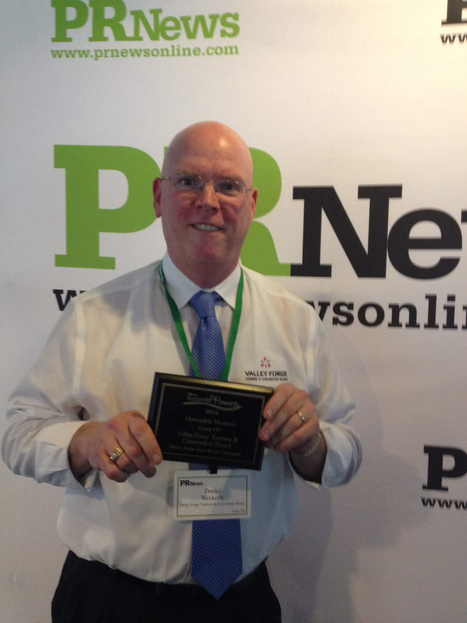 Valley Forge Tourism & Convention Board Communcations Manager Dan Weckerly accepts an award from PR News at the National Press Club in Washington, D.C. The honor was for the VFTCB’s campaign associated with the 2015 Papal visit. 