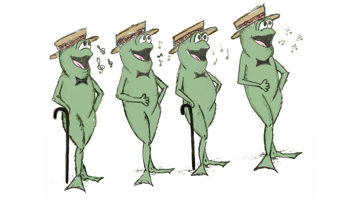 A quartet of anamatronic bullfrogs, Herman's Kermits A quartet of anamatronic bullfrogs, Herman's Kermits