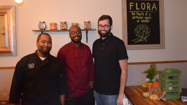 Dessert Chef Lamar Bell, Chef Timothy Thomas and Owner Dan Brightcliffe have made Flora a vegan destination. Dessert Chef Lamar Bell, Chef Timothy Thomas and Owner Dan Brightcliffe have made Flora a vegan destination.