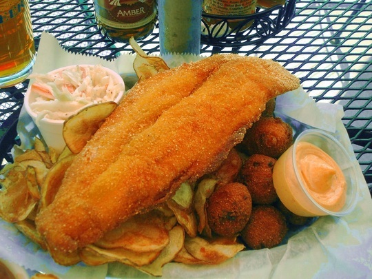 The catfish basket from Mudbugs, including hush puppies. Catfish at Mudbugs