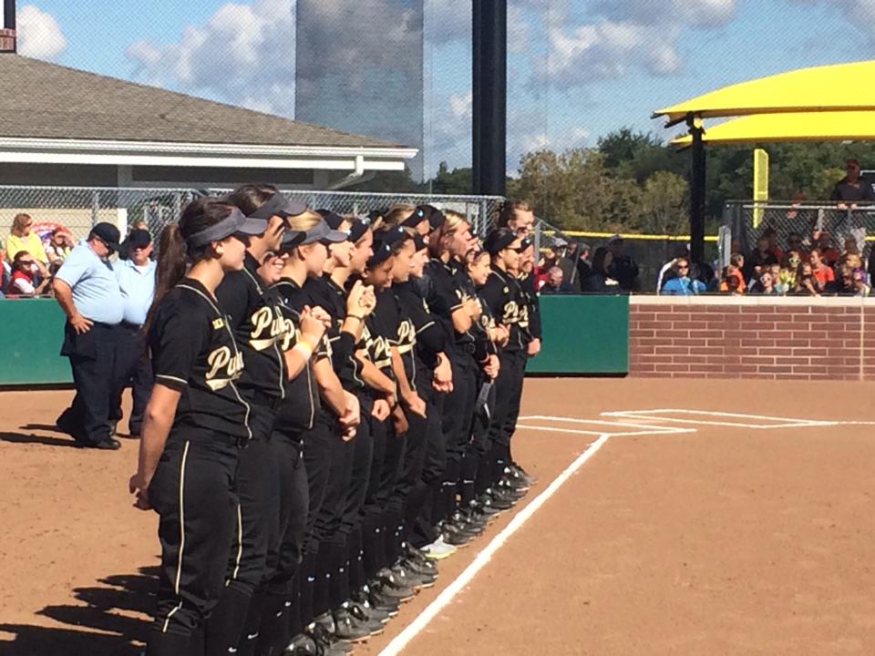 The first game of the day, Purdue lines up as they prepare to play Notre Dame. Purdue Softball at GP