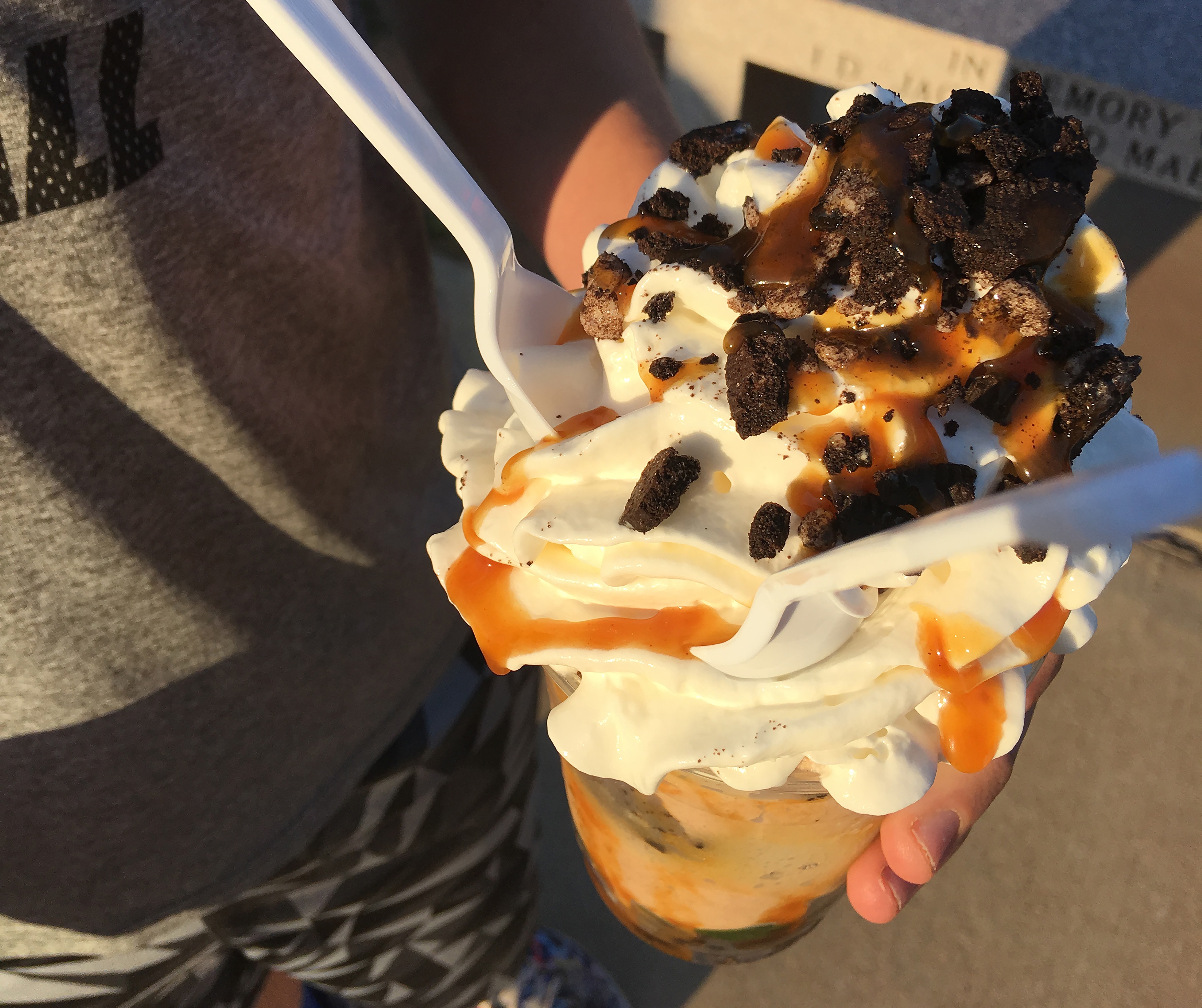 Ice cream, whipped topping, and caramel parfait
