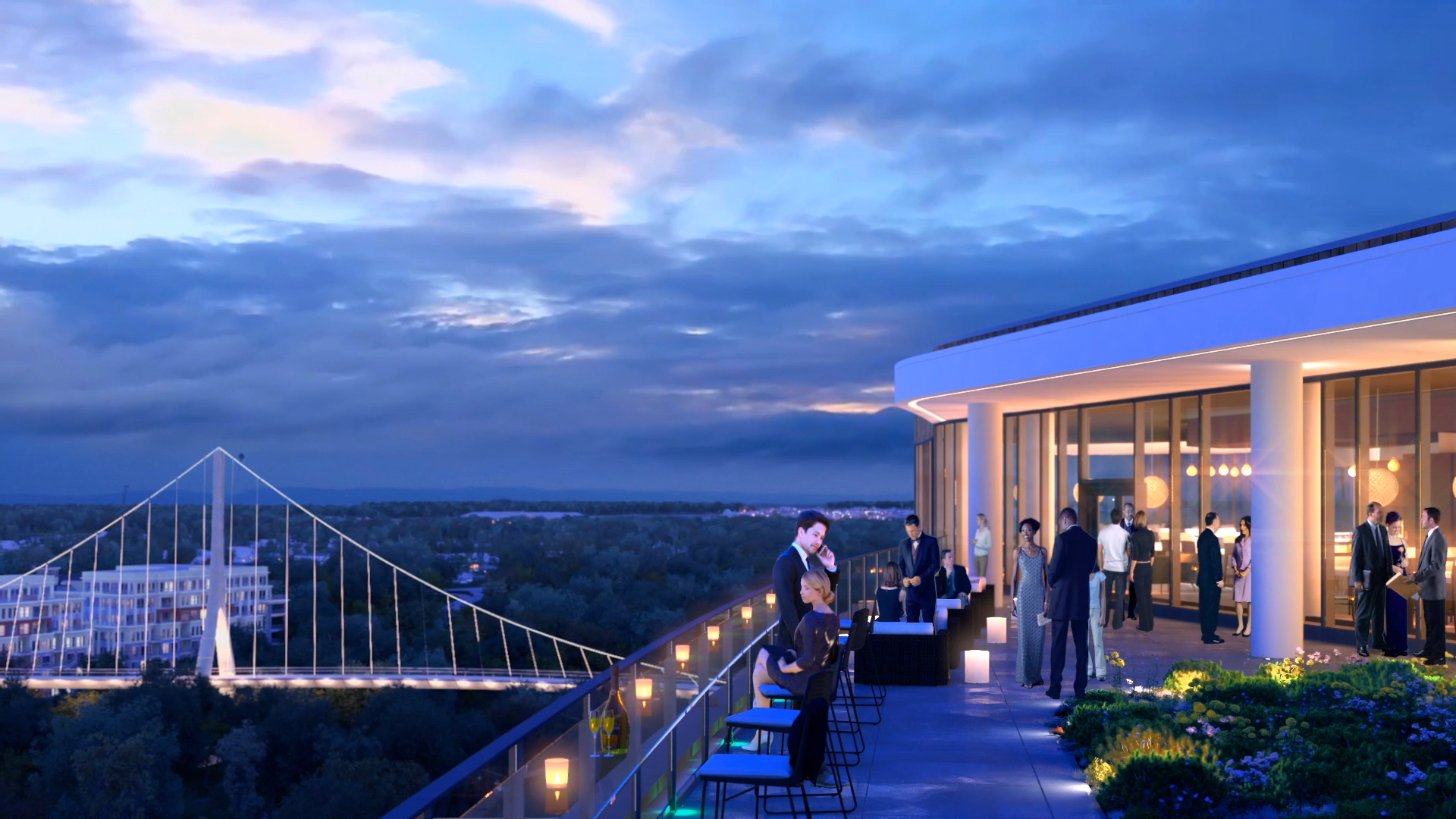 View of the rooftop bar at the AC Marriott at dusk overlooking the pederstrain bridge