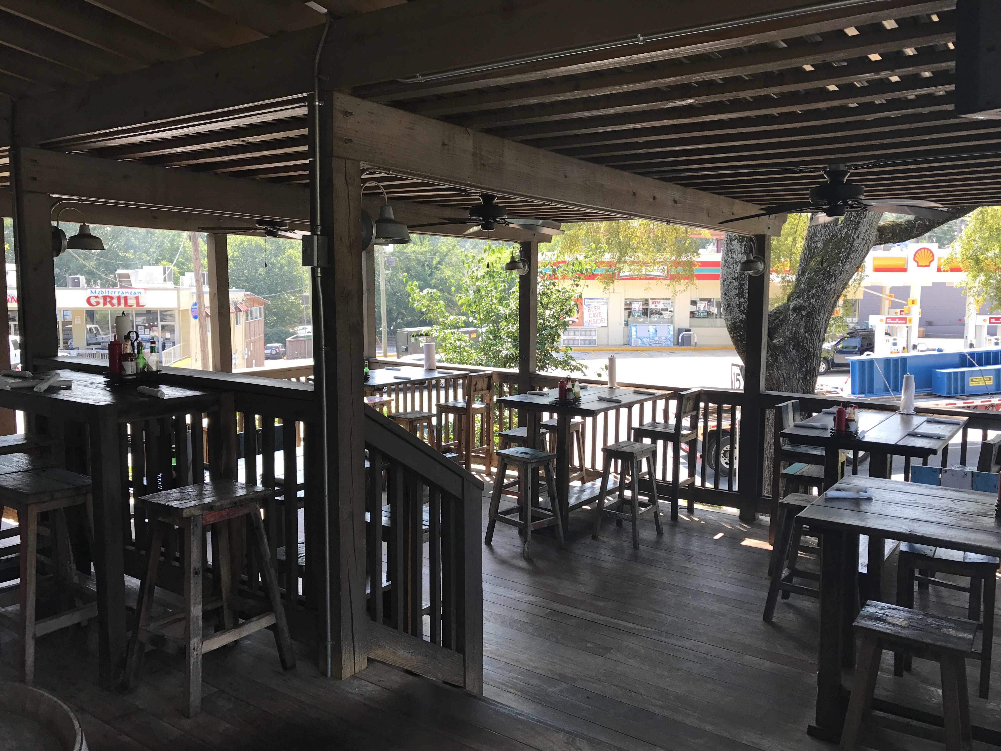 A local, coastal grill restaurant's patio.