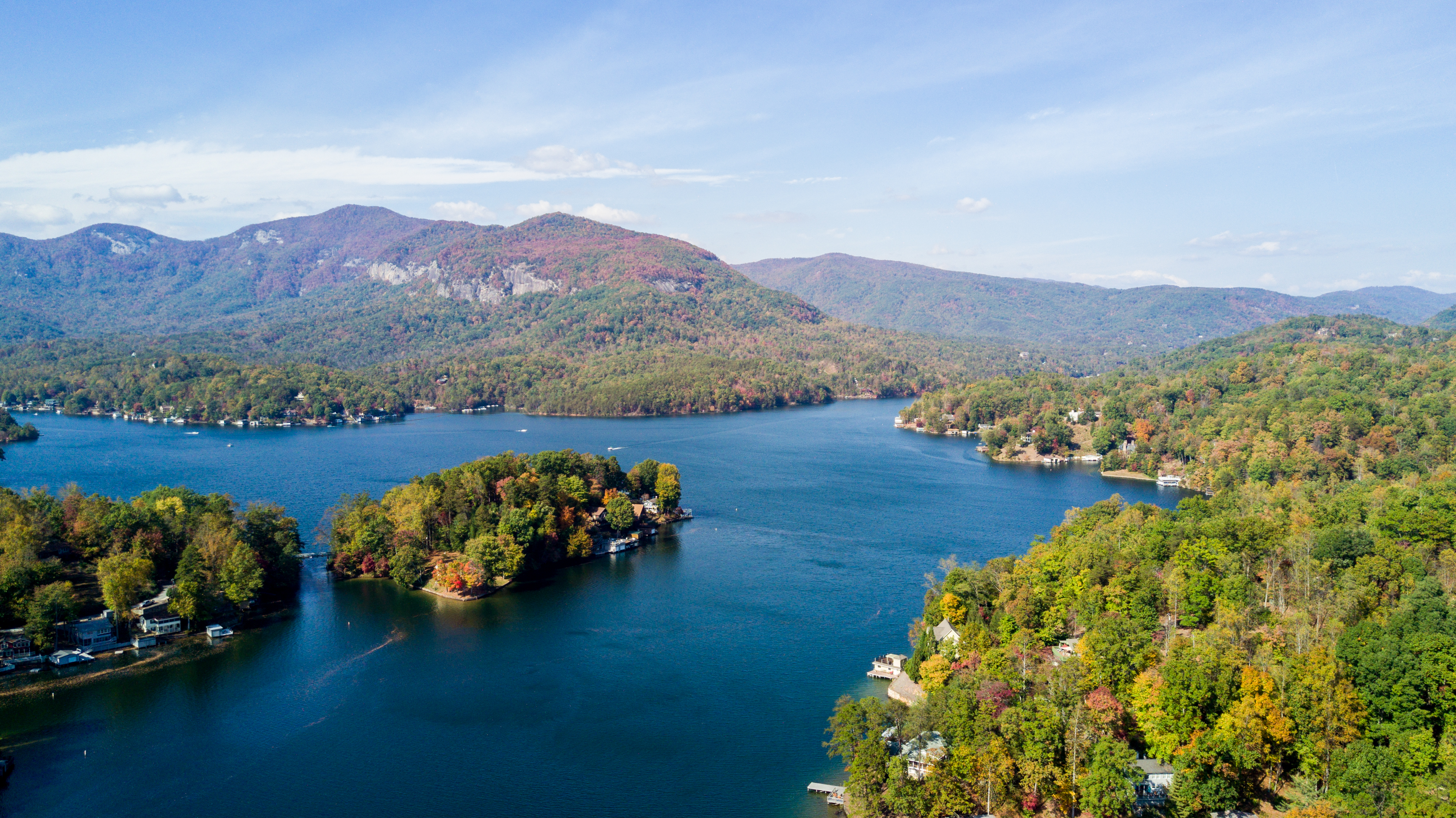 Ariel shot of fall color in Lake Lure