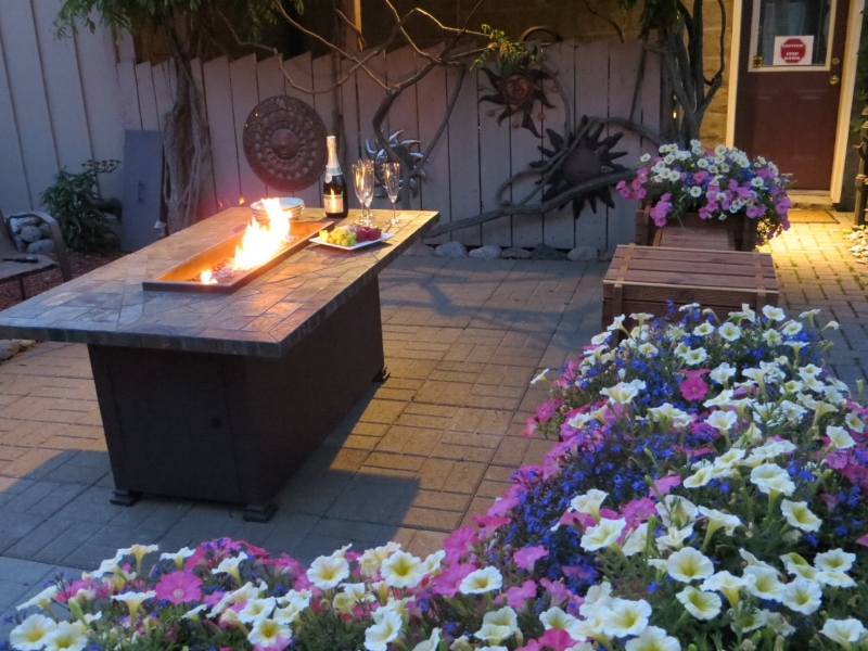 Outdoor patio with fireplace and white, purple and pink petunias.