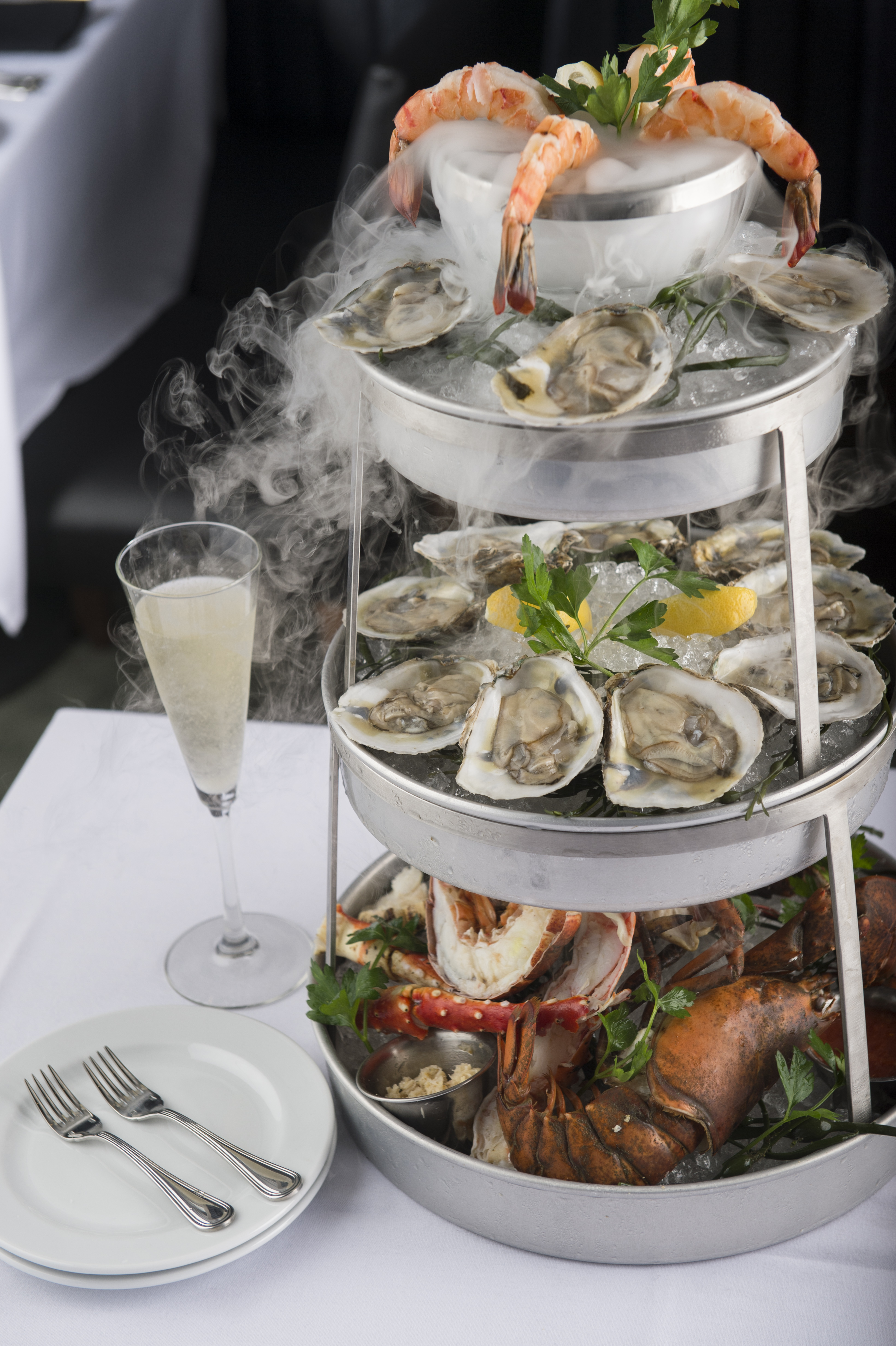 Smoking shellfish tower at Ocean Prime in Denver