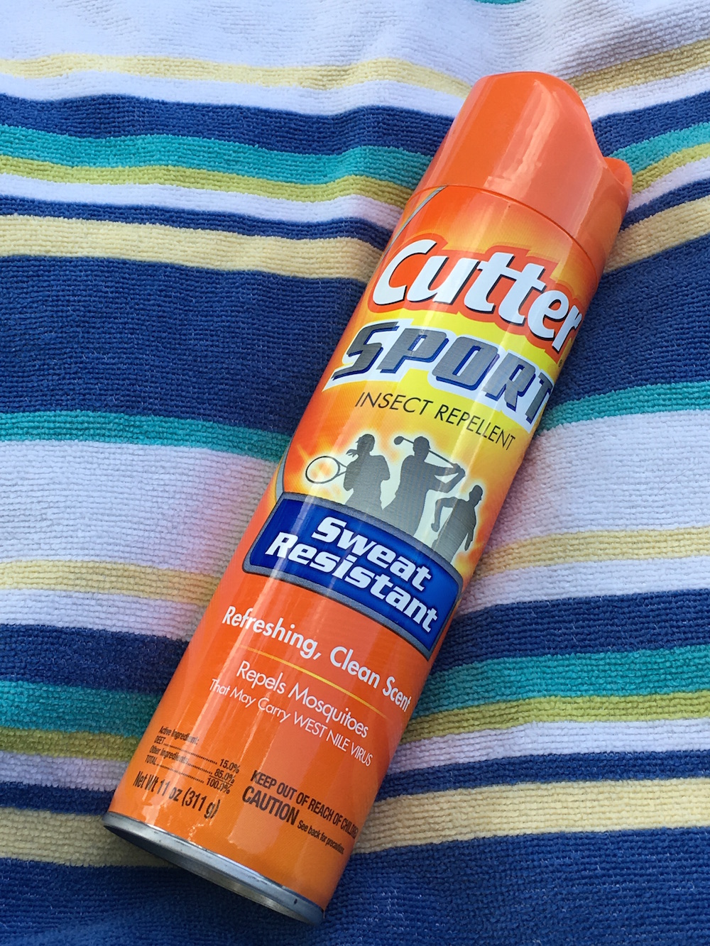 Bug spray on beach towel for day trip to Big Falls