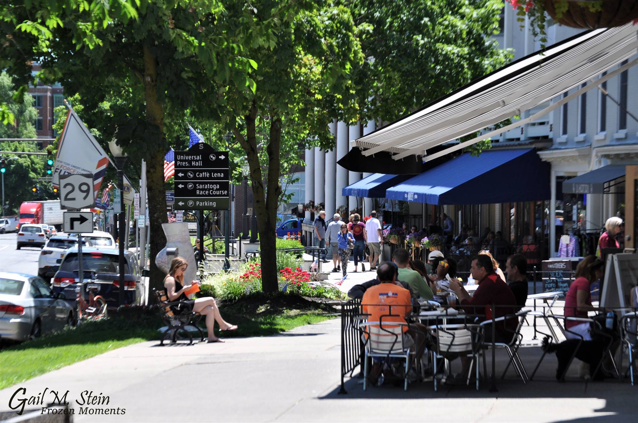 Sidewalk dining outside the Blue Hen along Broadway