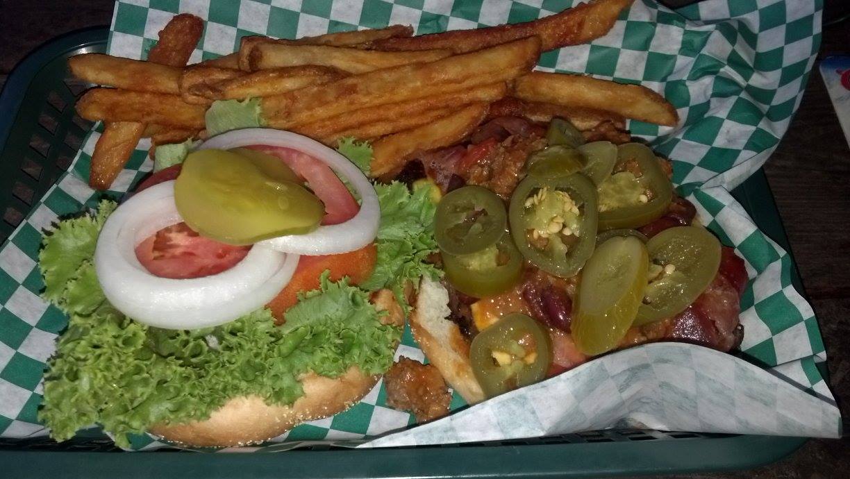 Kitchen Sink Burger at Geneva Riverside Grill