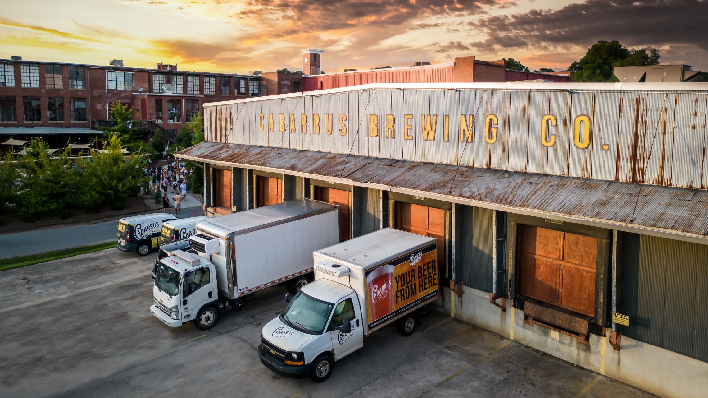 exterior of brewery at sunset