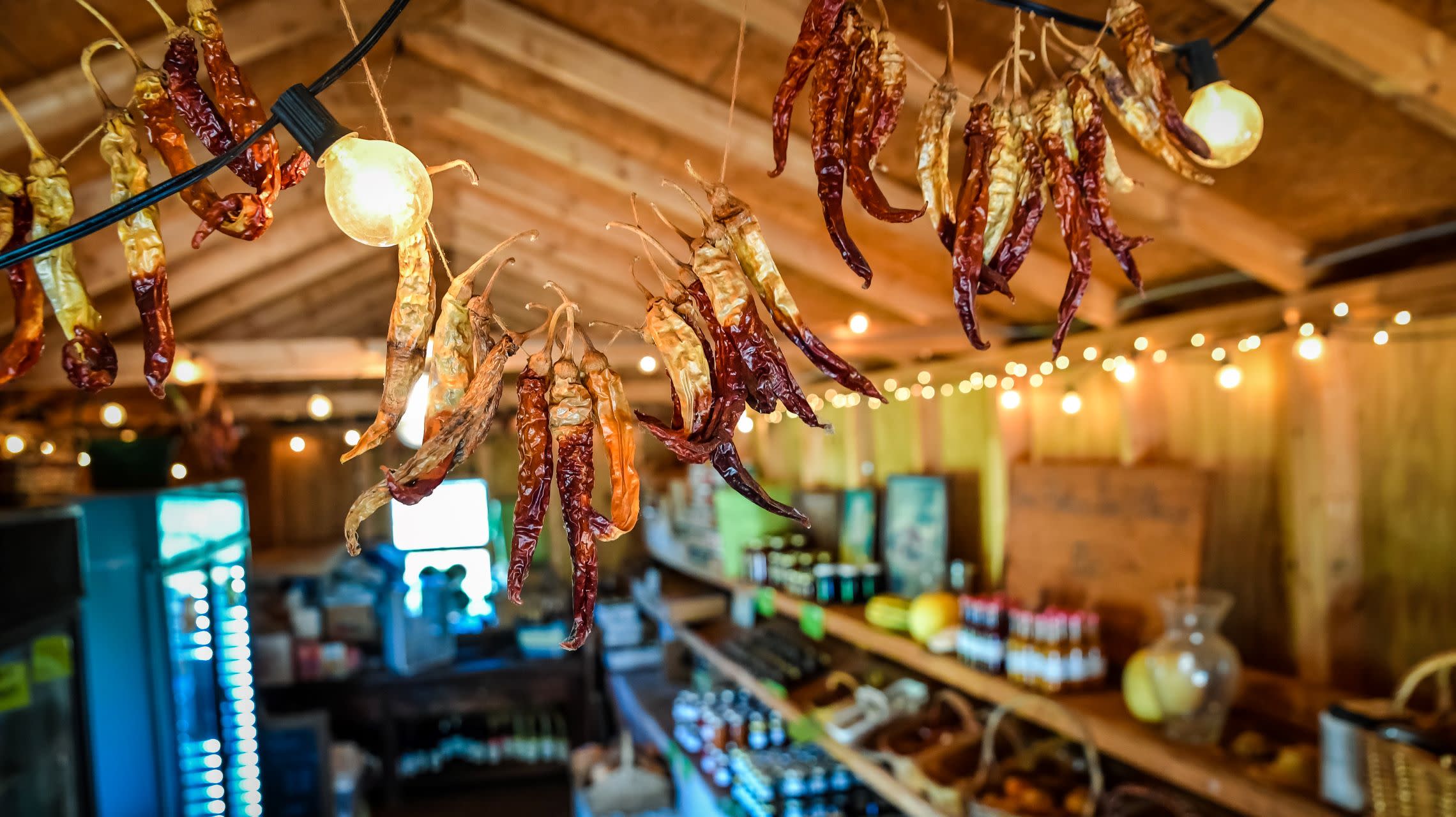 dried chilis and lights hanging in market store