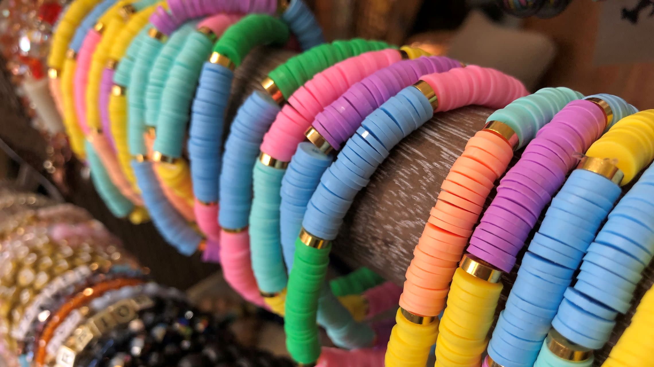 colorful beaded bracelets on display