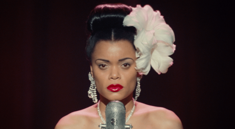 An image of Andra Day dressed up as Billie Holiday.