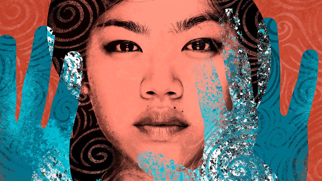 Art of an Asian woman against a backdrop of red swirl patterns. Blue hands press against the picture's frame.