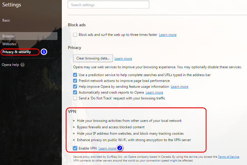 Setting aktifasi VPN gratis di browser opera developer