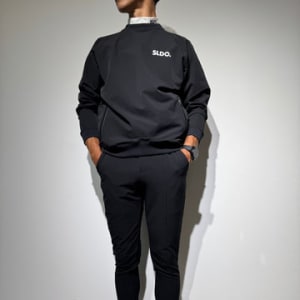 NEW STDダブルクロスストレッチリブパンツ/BLACK×WHITE LOGO(UNISEX)