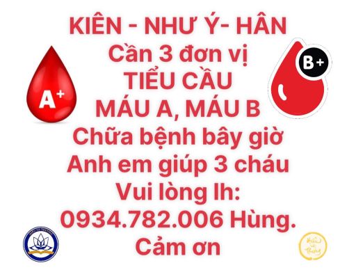 Đã xong.  03 bệnh nhi: HÂN - NHƯ Ý- KIÊN CẦN 3 đơn vị Tiểu Cầu, Máu B+ , MÁU A+ 🌿 Chữa bệnh ngay bây giờ: vượt qua giai khó khăn hiểm nguy