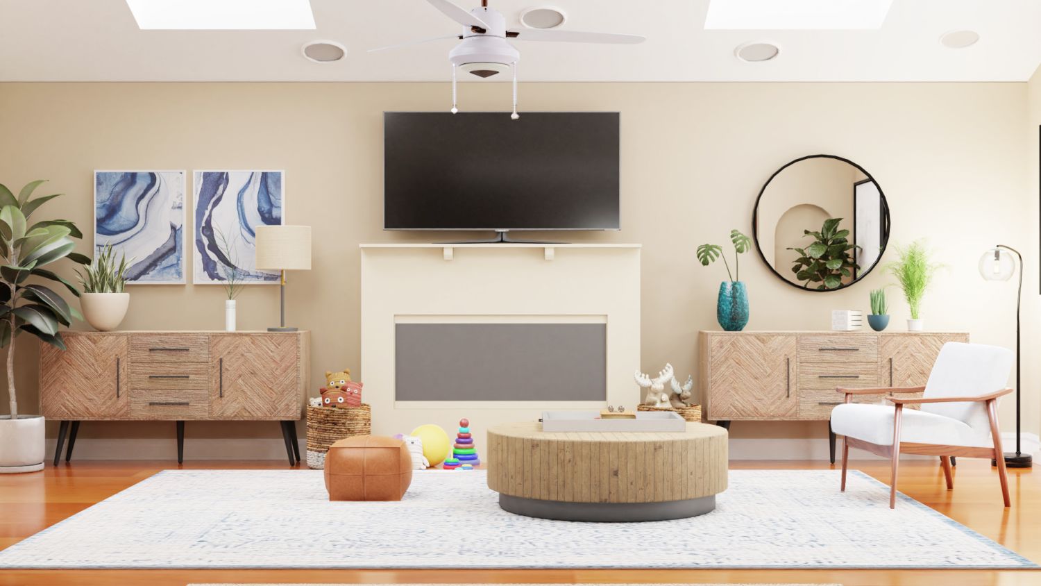 Blue Accent Sofa: Mid-Century Rustic Living Room Design By Spacejoy