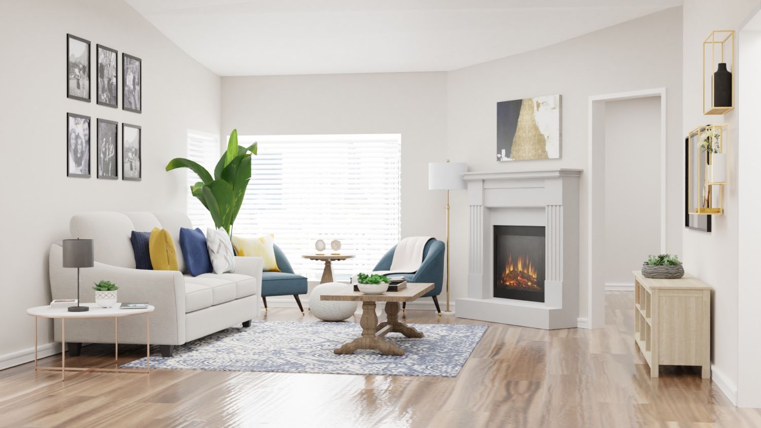 Blue + Yellow Accents: Modern Traditional Living Room Design By Spacejoy
