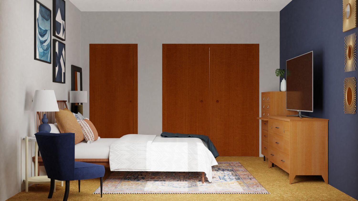 Blues: Mid-Century Retro Bedroom Design By Spacejoy