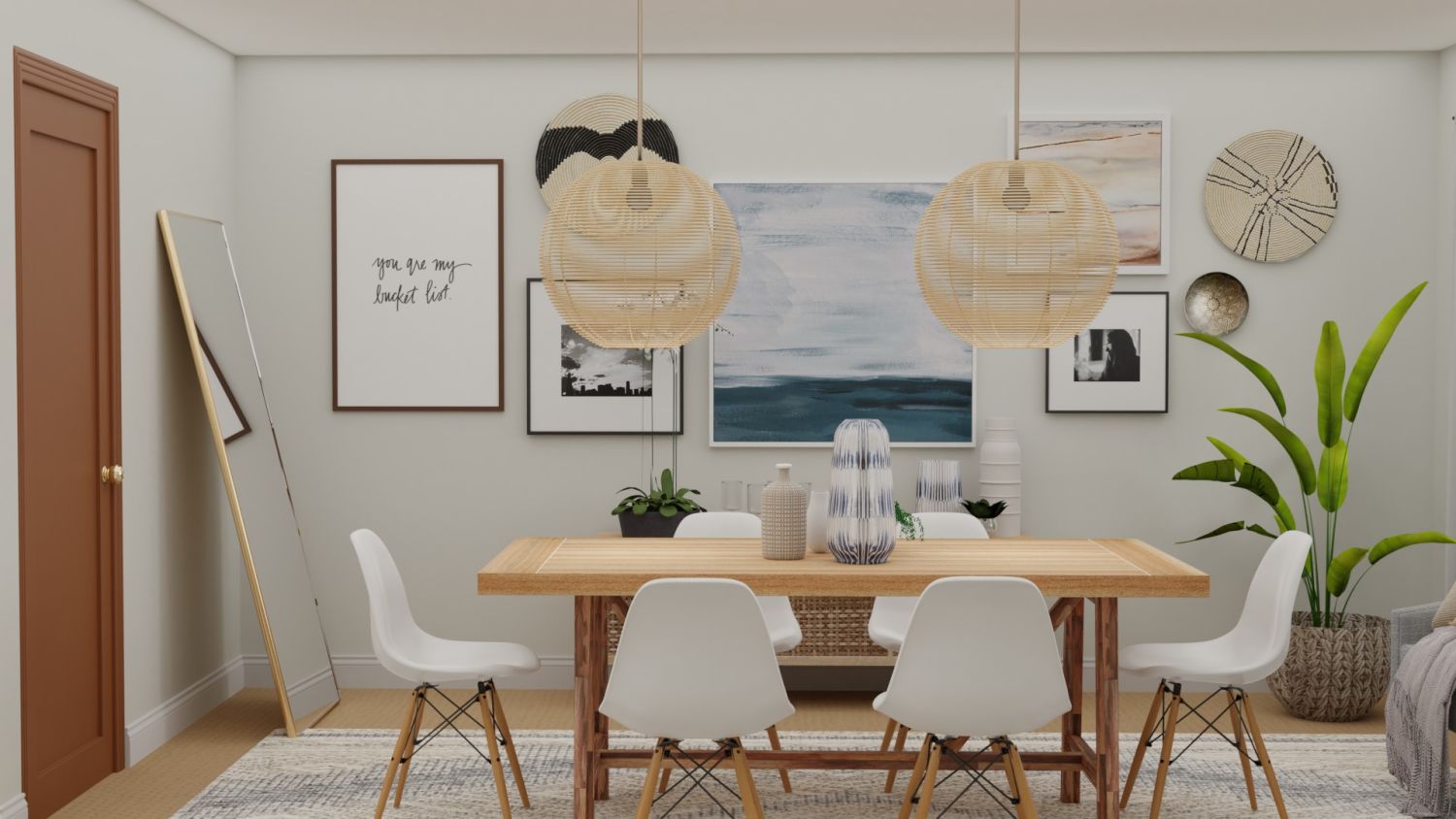 Delicate Pieces with Statement Lighting Dining Room: Boho Eclectic Dining Room Design By Spacejoy