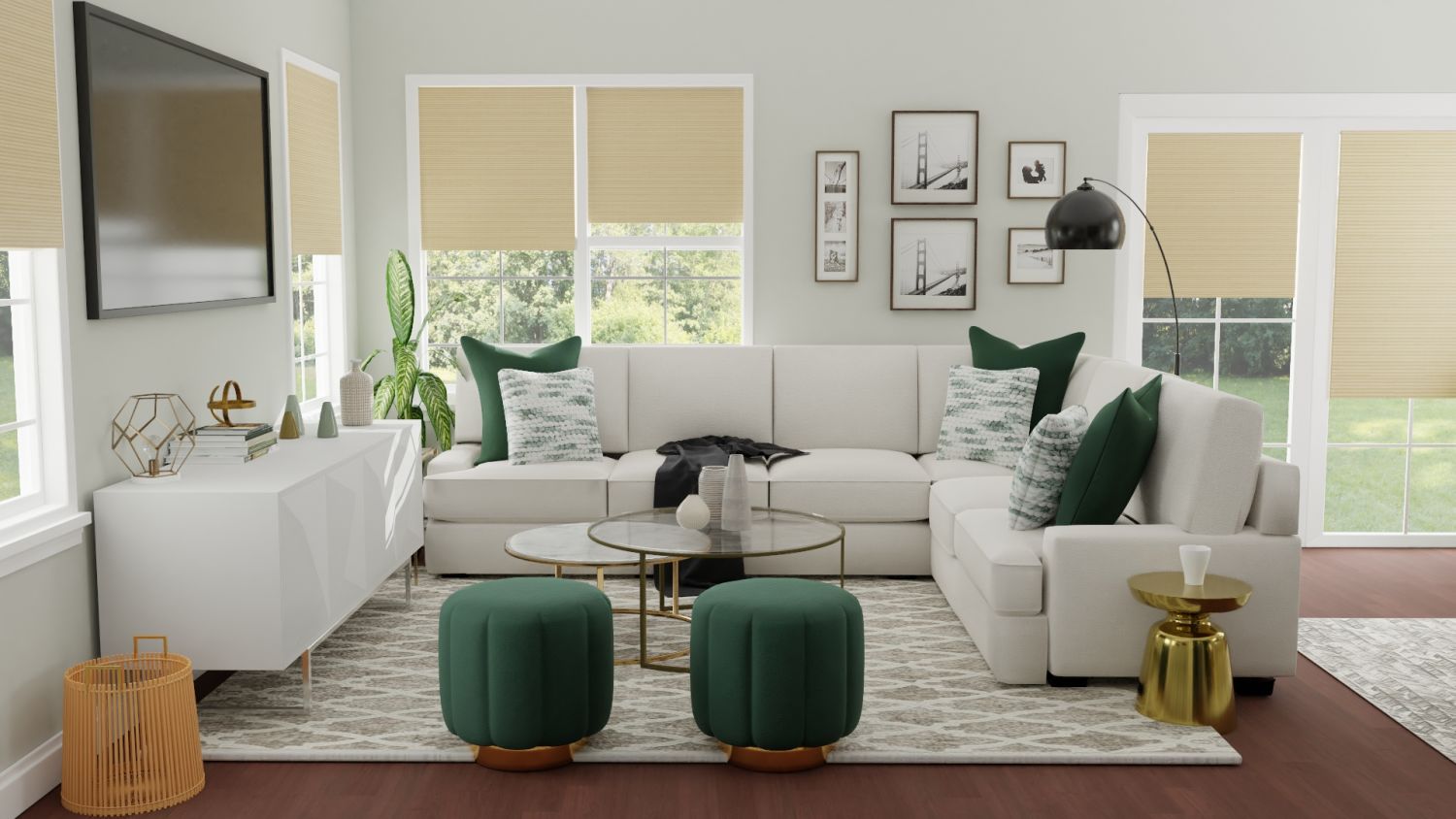 Emerald Accents: Modern Glam Open Plan Living Room Design By Spacejoy