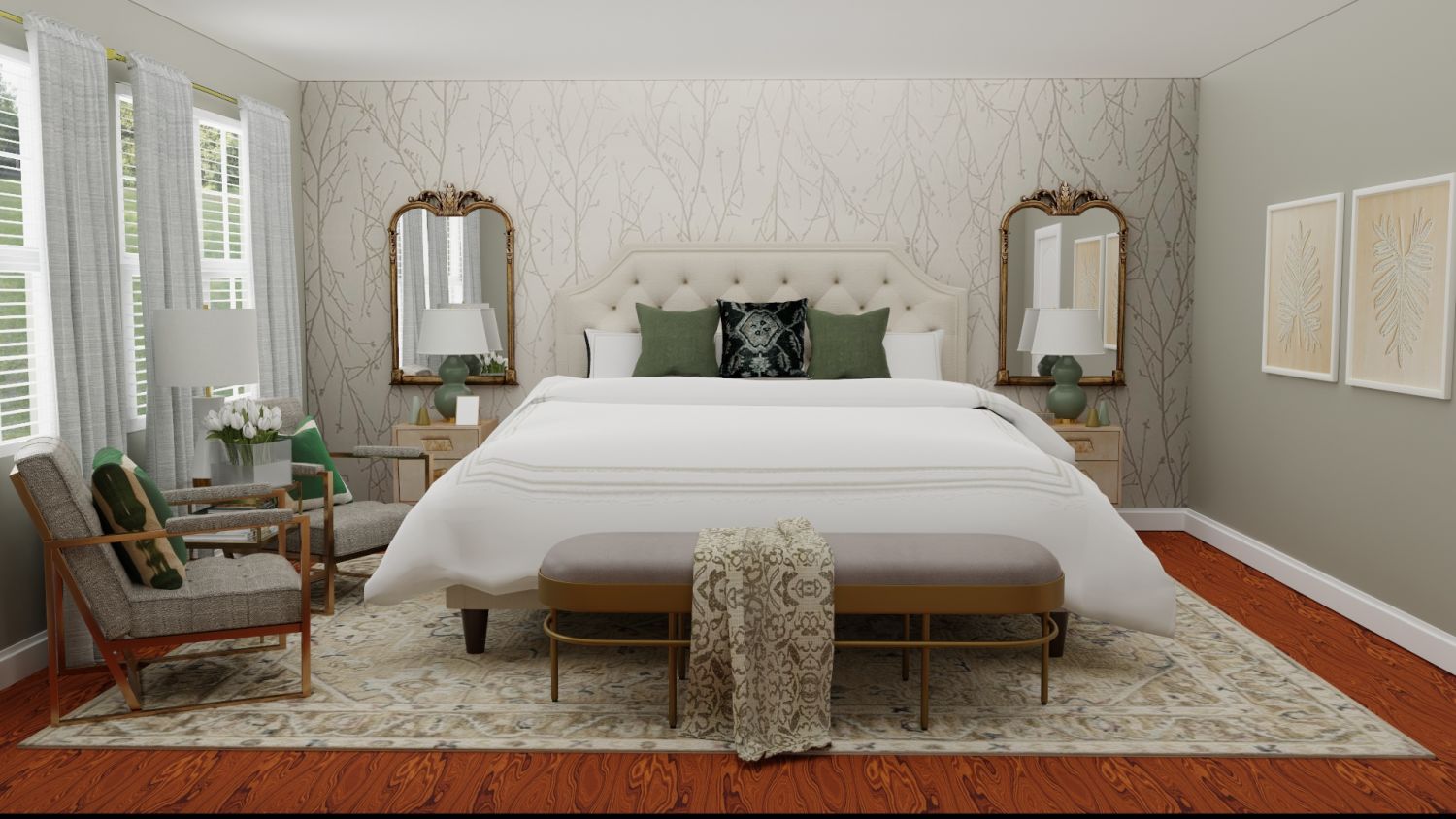 Statement Wallpaper: Glam Transitional Bedroom Design By Spacejoy