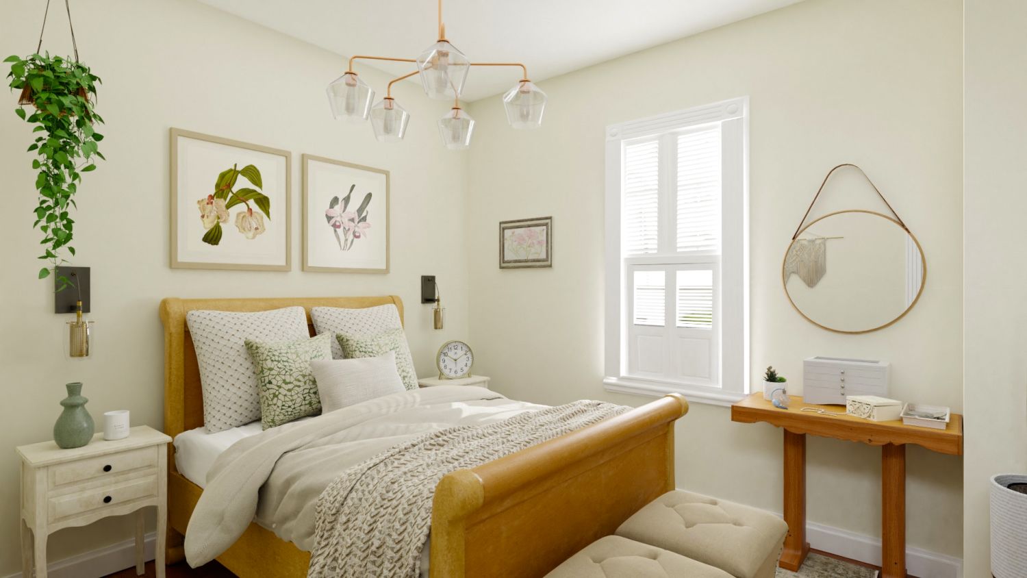 Floral Artwork: Glam Transitional Bedroom Design By Spacejoy