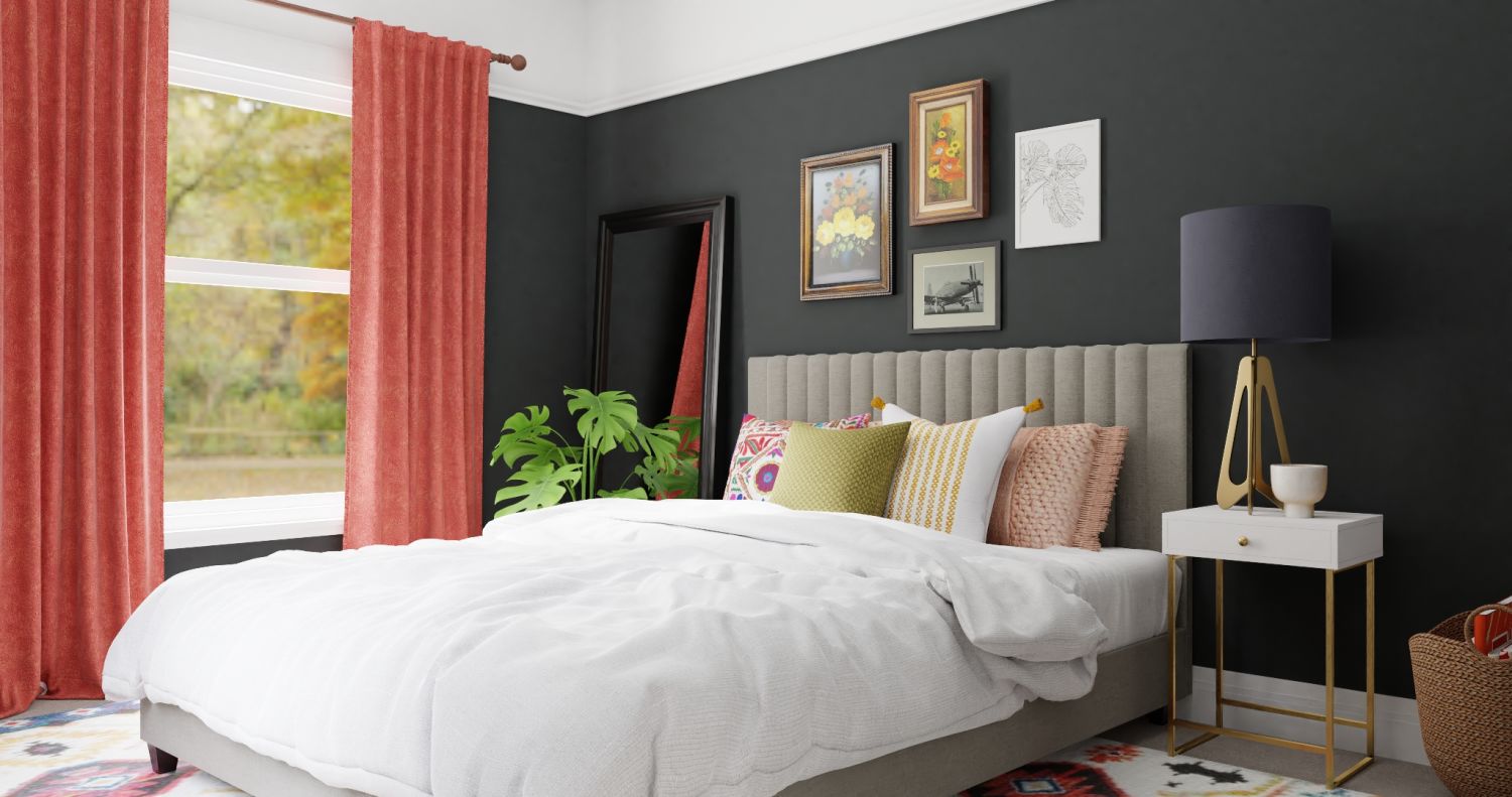 Black & Grapefruit: Eclectic Transitional Bedroom Design By Spacejoy