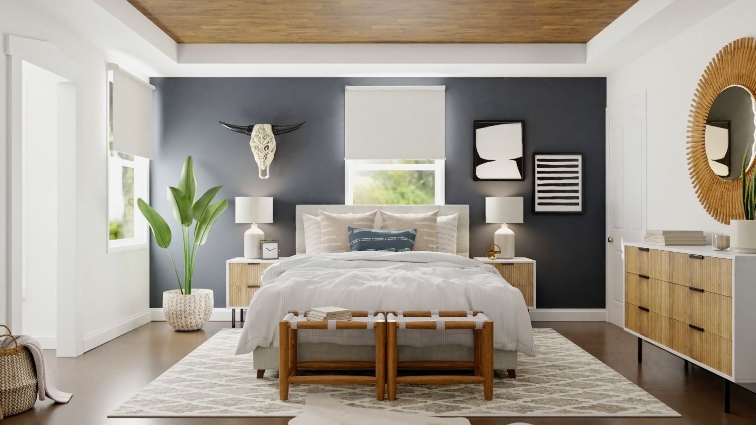 Warm Woods: Mid Century Boho Bedroom Design By Spacejoy
