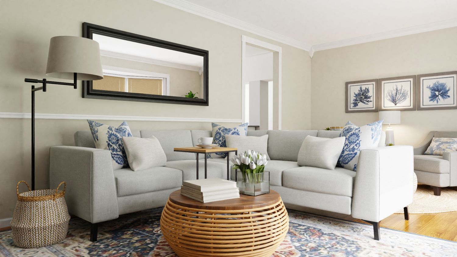 Private Reading Nook: Coastal Transitional Living Room Design By Spacejoy