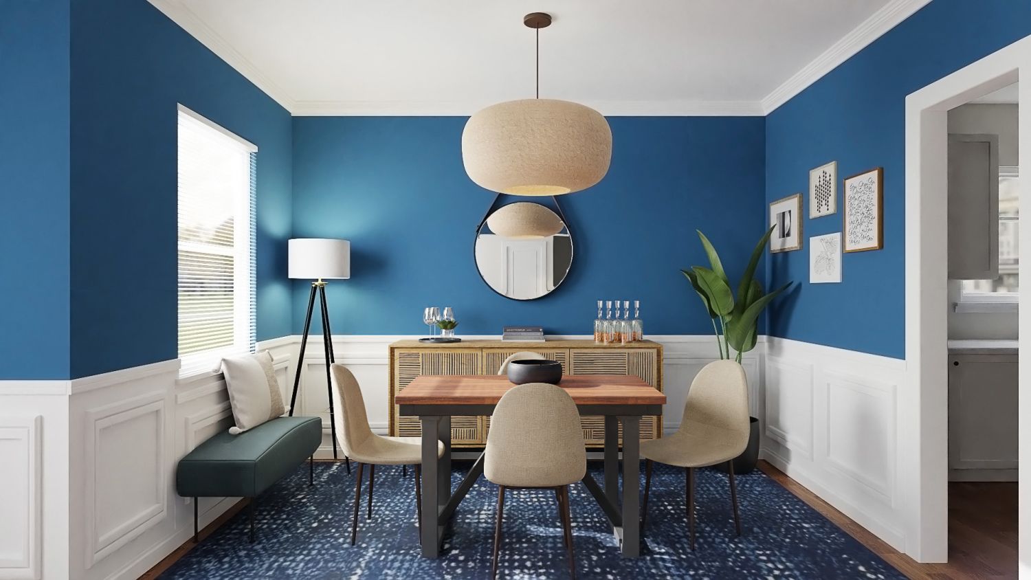 Ultramarine Walls: Eclectic Transitional Dining Room Design By Spacejoy