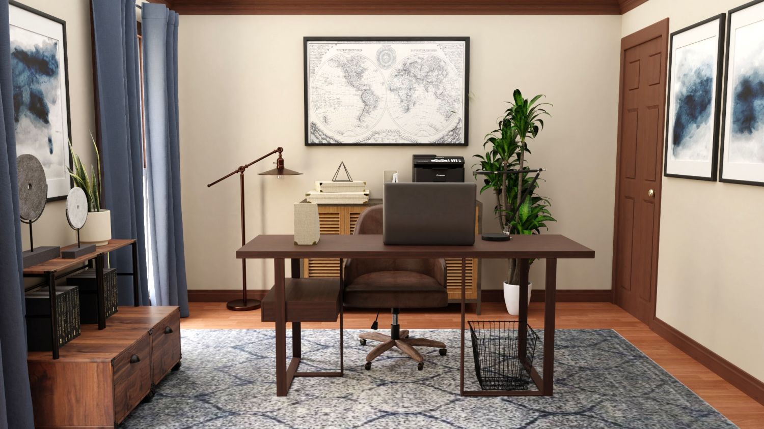 Dark Wood Tones: Modern Rustic Home Office Design By Spacejoy