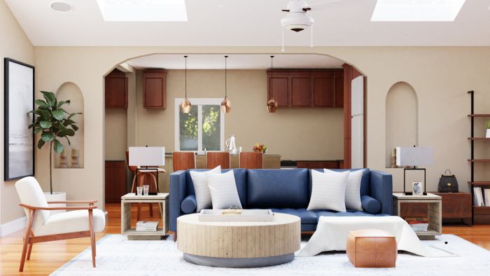 Blue Accent Sofa: Mid-Century Rustic Living Room Design View 2 By Spacejoy