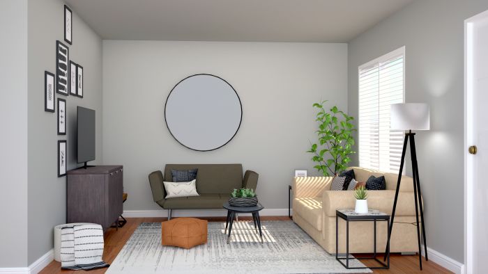 Black Accents: Urban Farmhouse Living Room Design View 3 By Spacejoy