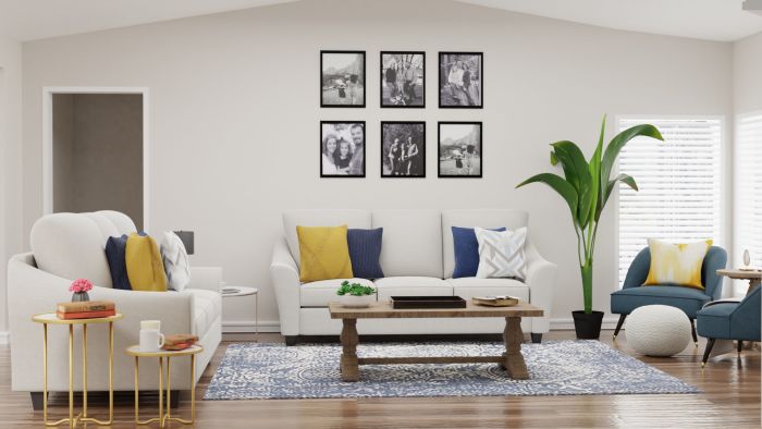 Blue + Yellow Accents: Modern Traditional Living Room Design View 3 By Spacejoy