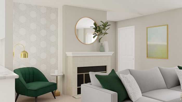 Emerald Accents: Modern Glam Living Room Design View 4 By Spacejoy