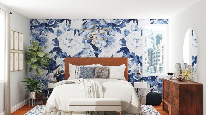 Statement Floral Wallpaper: Mid-Century Contemporary Bedroom Design View 2 By Spacejoy