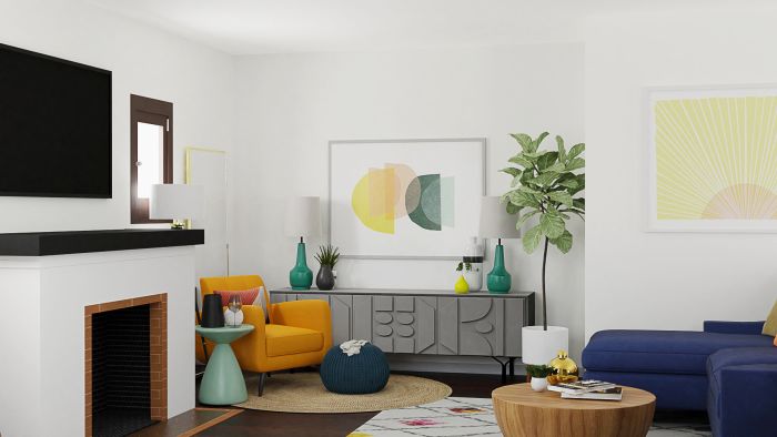 Bright Energizing Color: Mid-Century Retro Living Room Design View 2 By Spacejoy