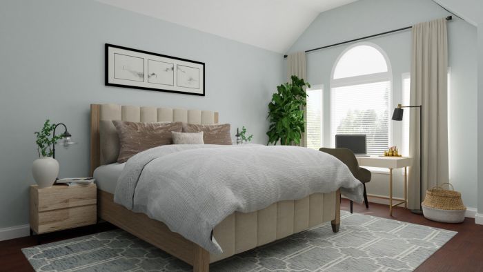 Calming Neutral + Blonde Wood: Modern Elegant Bedroom Design View 2 By Spacejoy