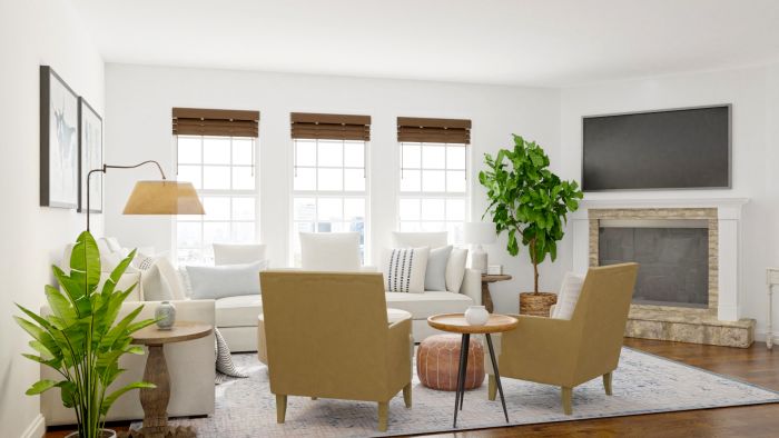Neutral Palette + Blue Accents: Modern Farmhouse Living Room Design View 5 By Spacejoy