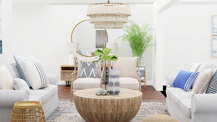 Light Fabrics and Spring Textiles: Transitional Coastal Living Room Design View 2 By Spacejoy