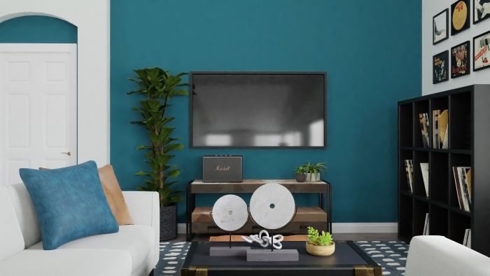 Statement Teal: Urban Modern Living Room Design View 2 By Spacejoy