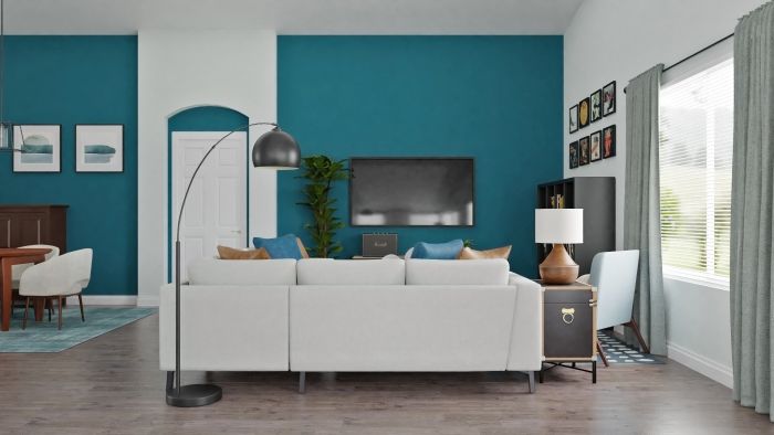 Statement Teal: Urban Modern Living Room Design View 4 By Spacejoy