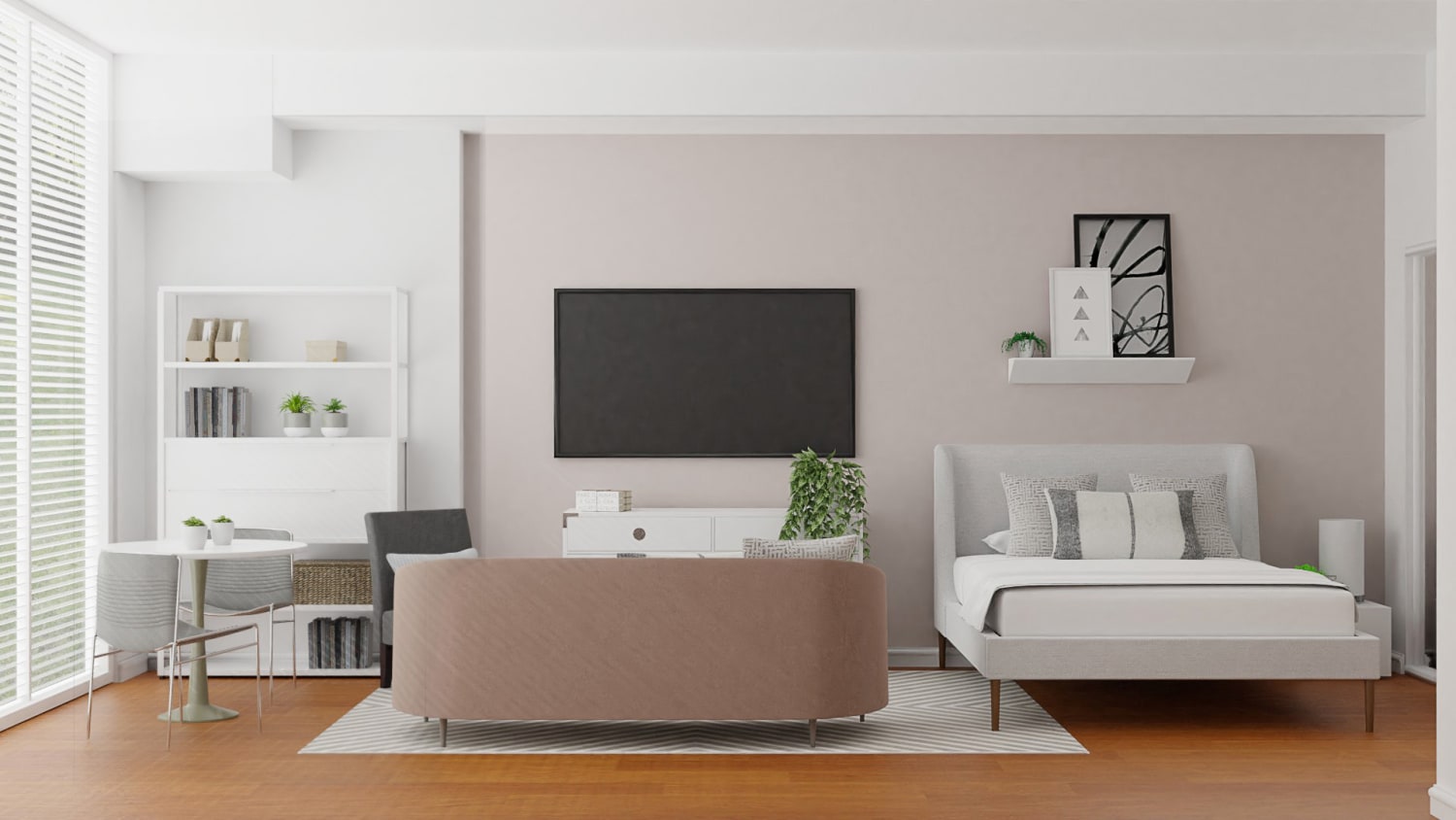Functional Layout in a Tight Space: Modern Glam Studio Design By Spacejoy