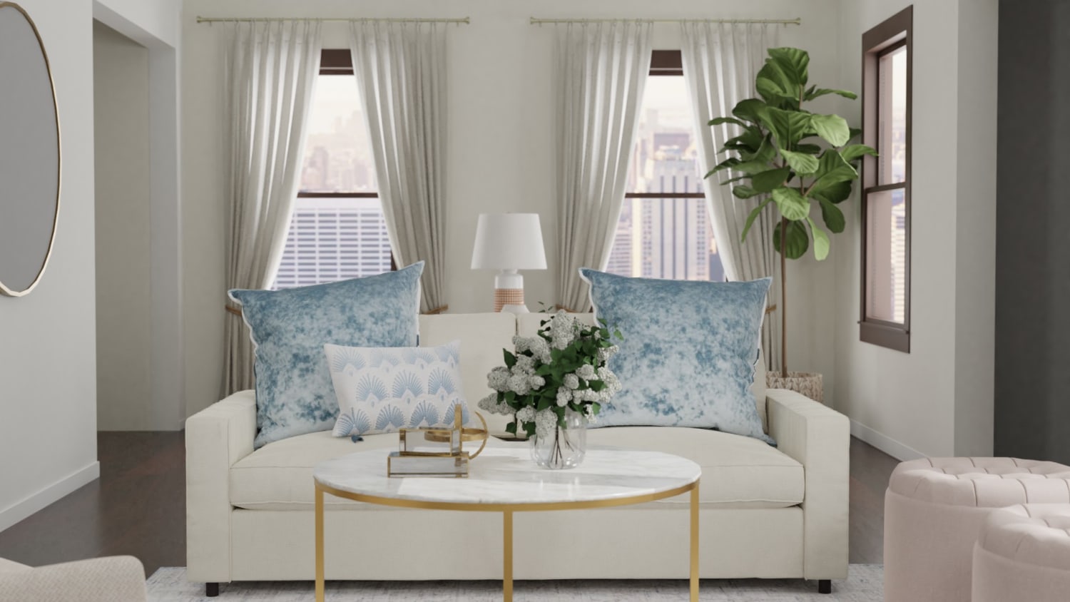 Sleeper Sofa + Lighter Fabrics: Transitional Coastal Living Room Design By Spacejoy