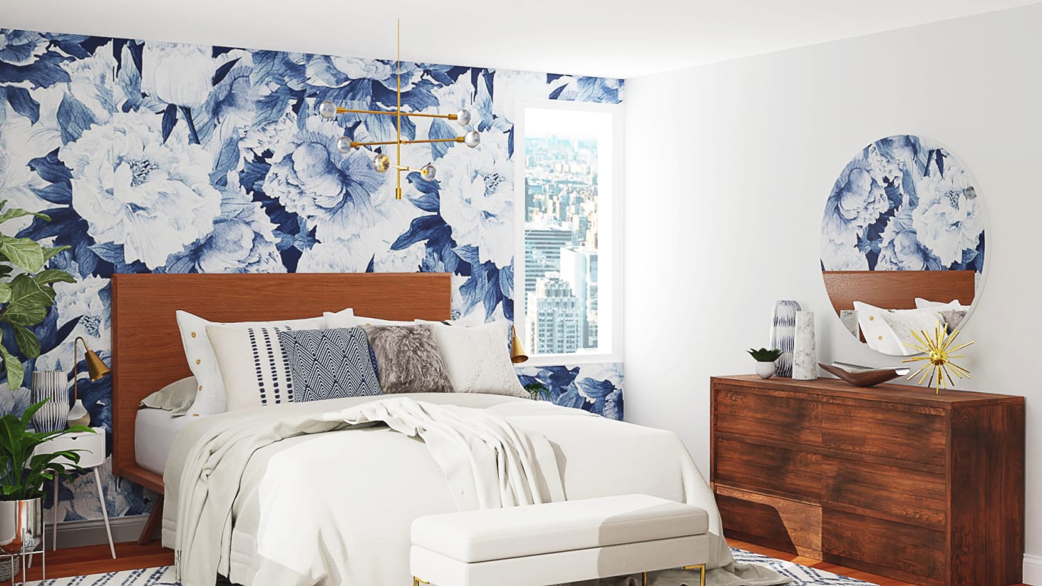Statement Floral Wallpaper: Mid-Century Contemporary Bedroom Design By Spacejoy