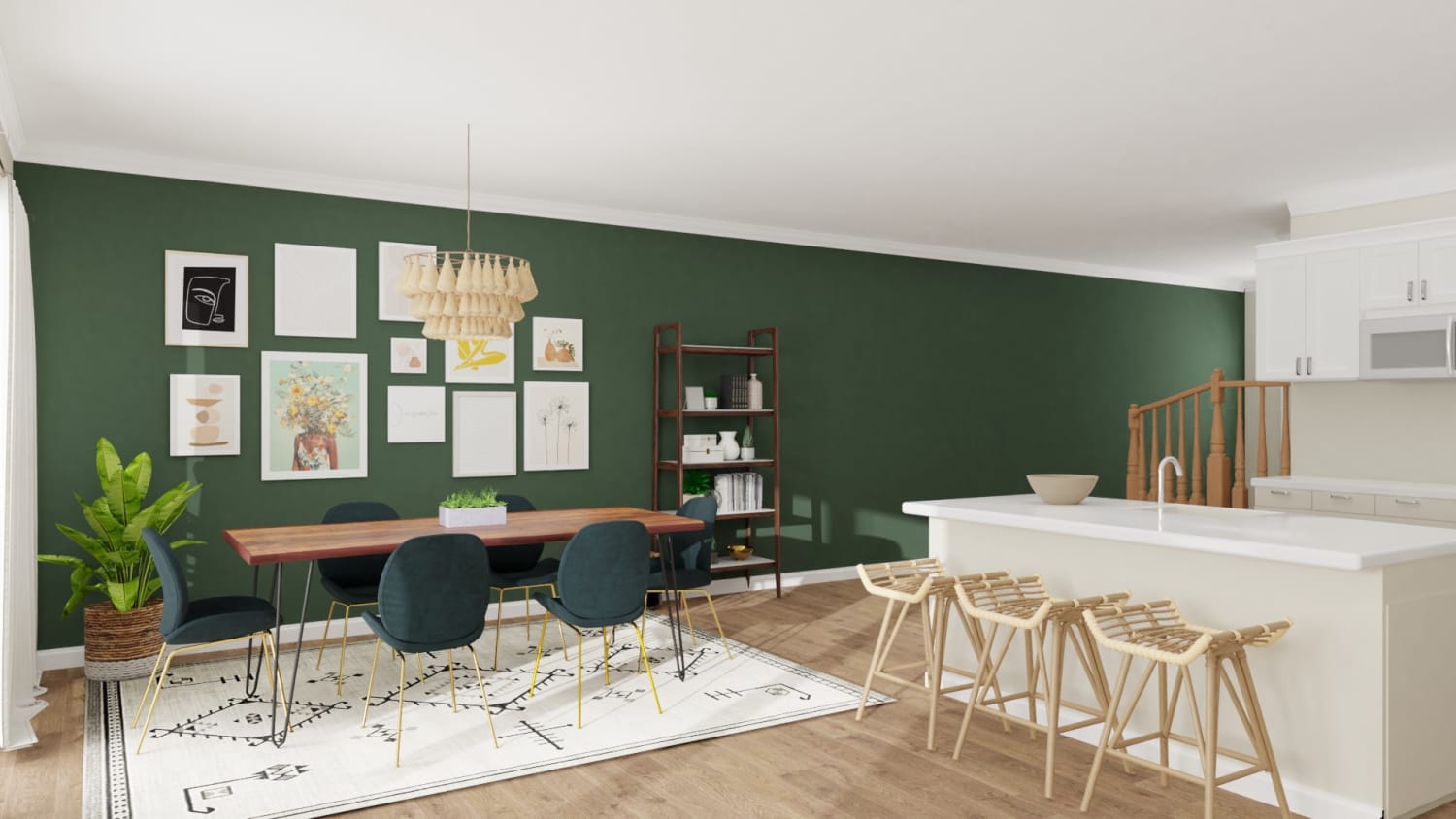 Emerald Statement Wall: Eclectic Glam Dining Room Design By Spacejoy