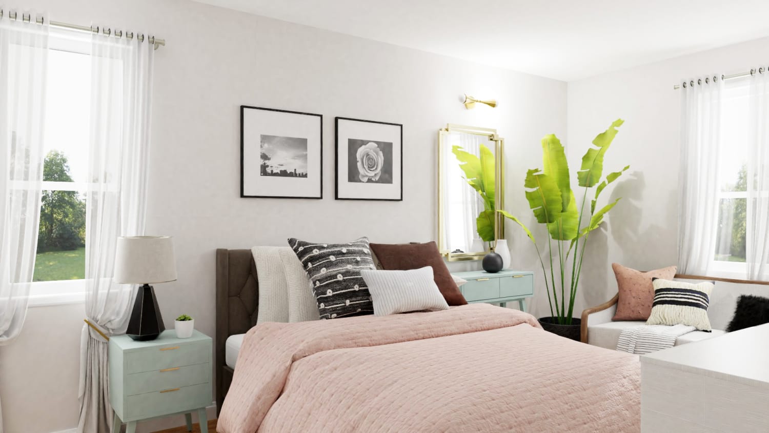 Rose and Mint: Mid-Century Glam Bedroom Design By Spacejoy